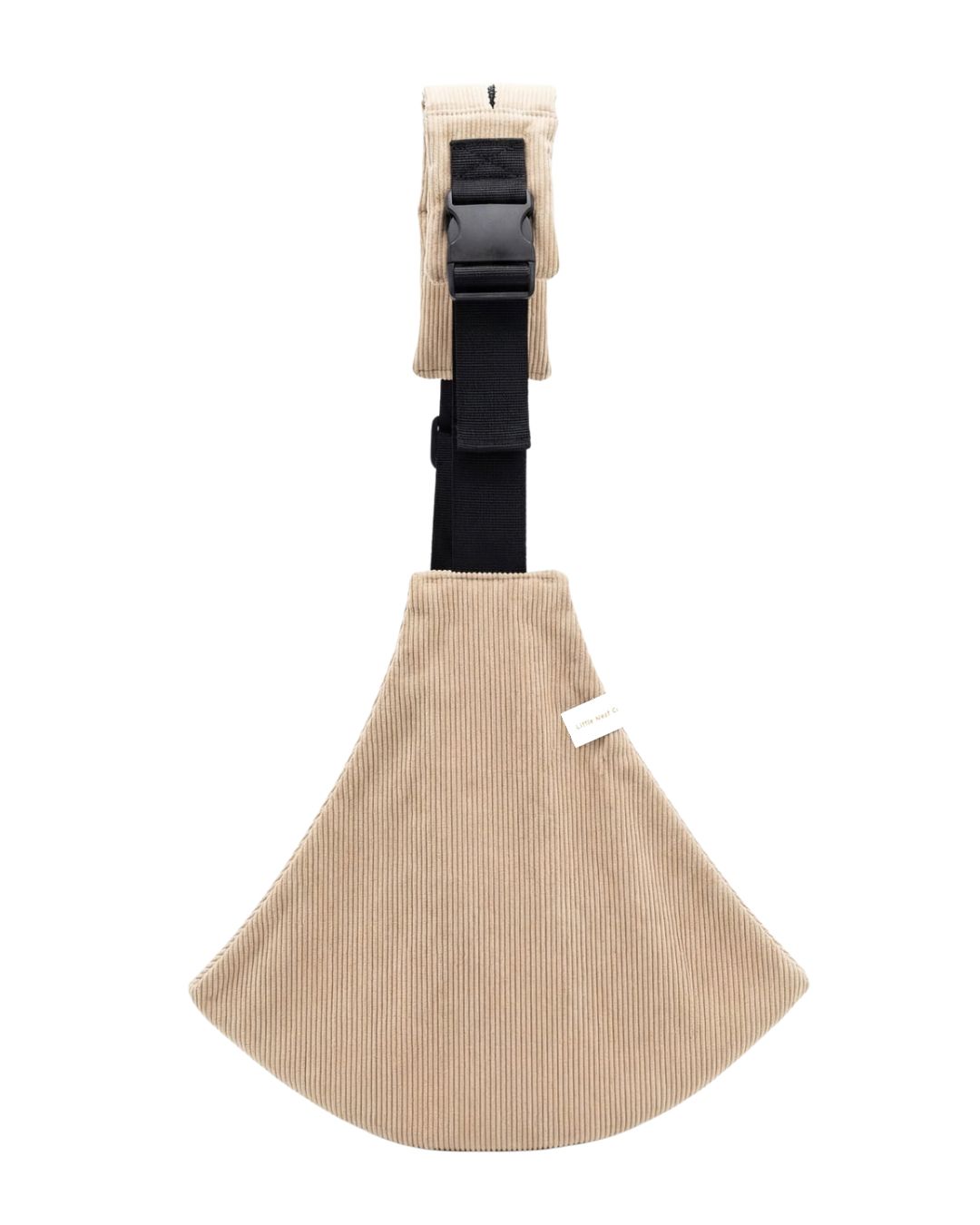 Little Nest Co toddler sling carrier in oat beige cotton, worn one-shoulder